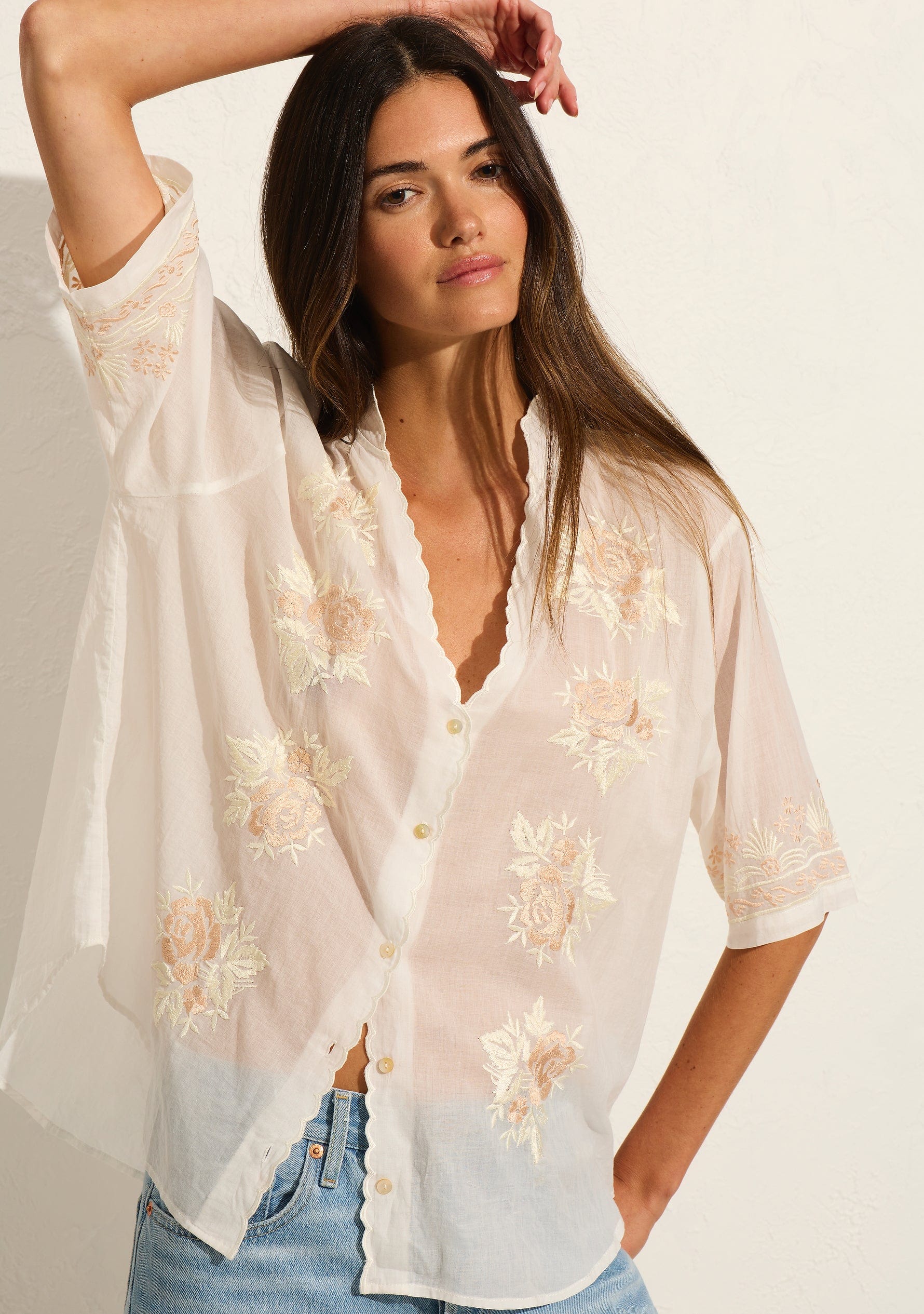 Image of a model wearing Tops. Productname: Auguste The Label Rosalie Blouse in Print colour by brand - Auguste The Label