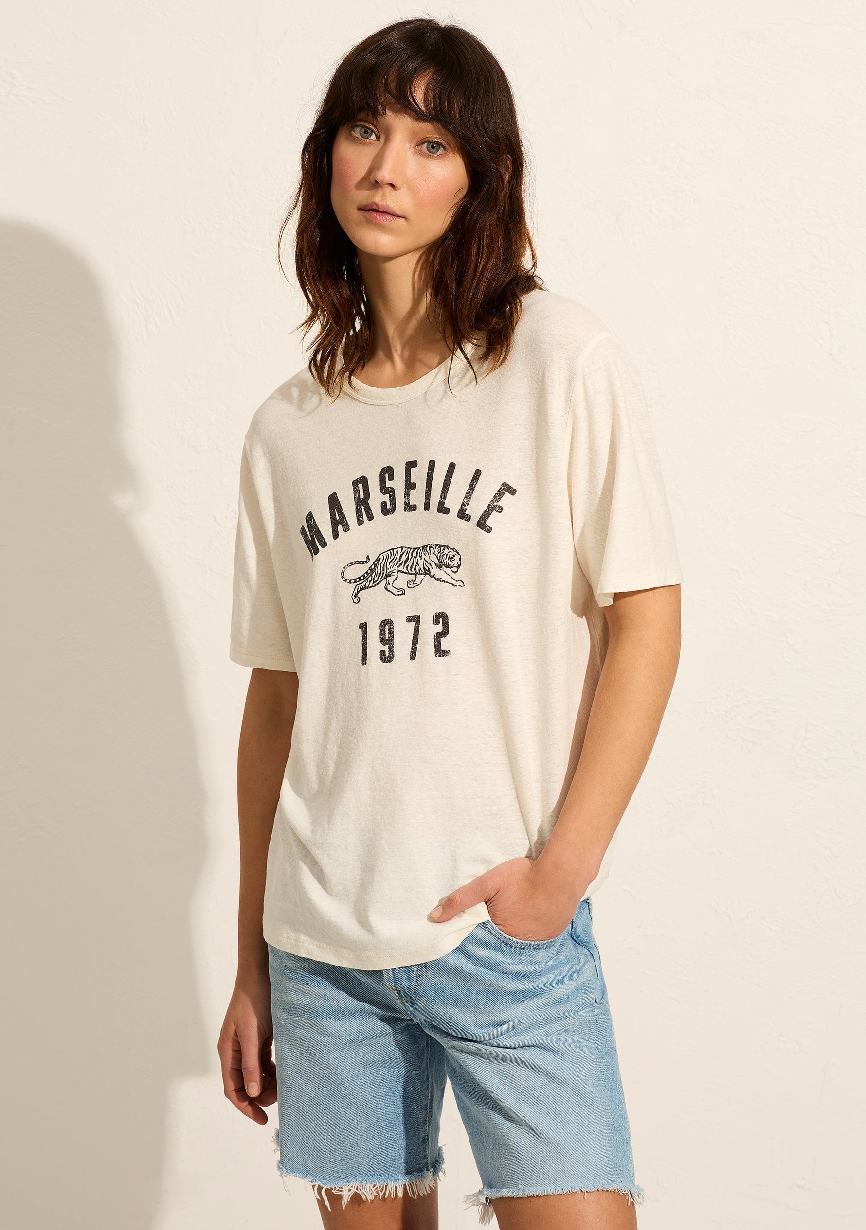 Image of a model wearing Tops. Productname: Auguste The Label Marseille Boyfriend Tee in Print colour by brand - Auguste The Label