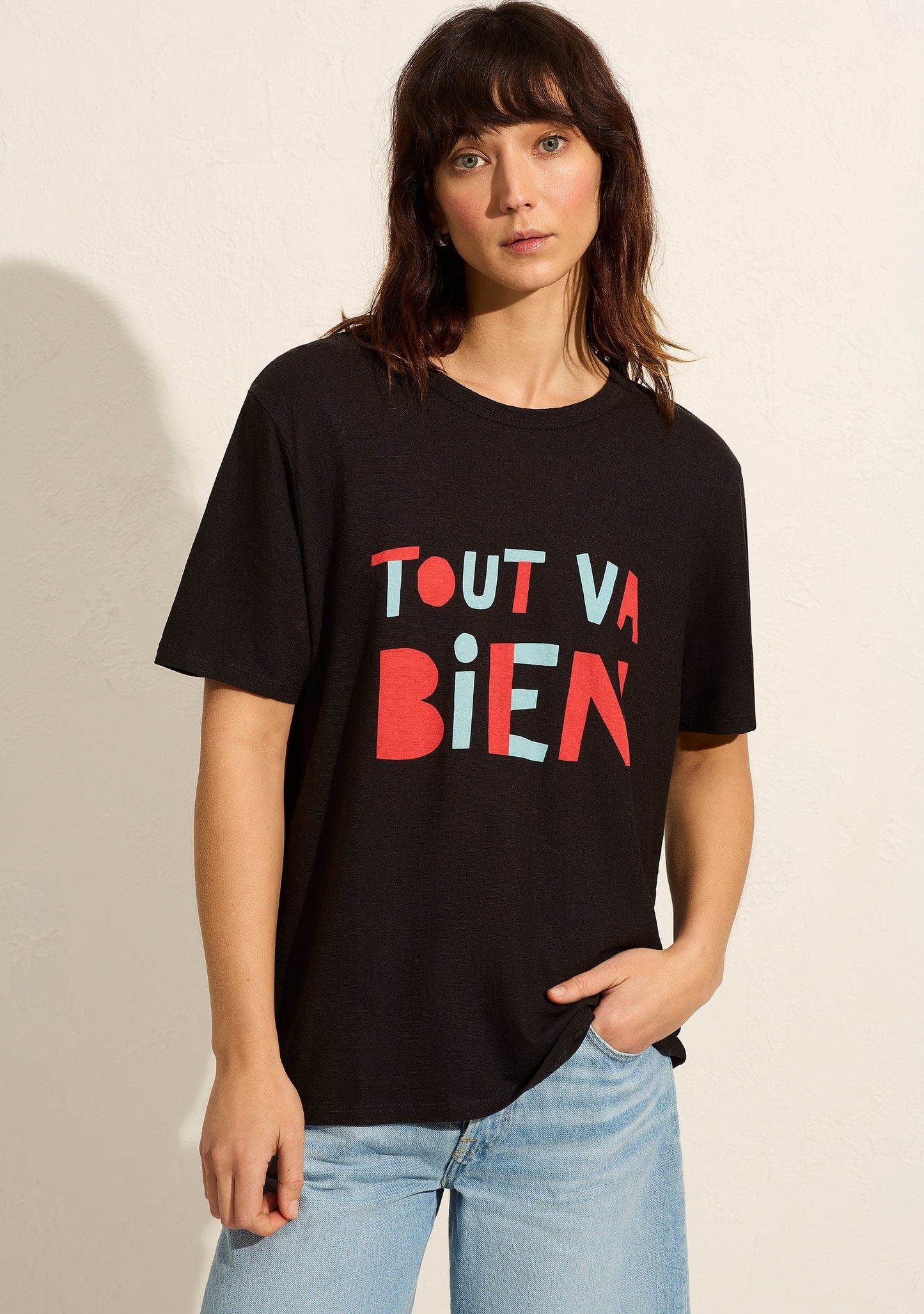 Image of a model wearing Tops. Productname: Auguste The Label Everythings Good Boyfriend Tee in Black colour by brand - Auguste The Label