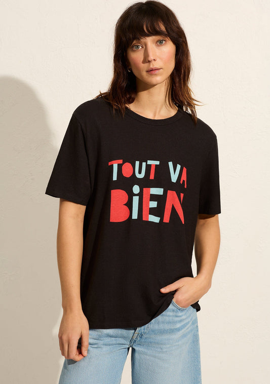 Image of a model wearing Tops. Productname: Auguste The Label Everythings Good Boyfriend Tee in Black colour by brand - Auguste The Label