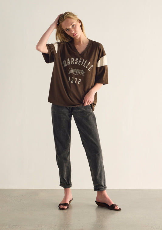 Image of a model wearing Tops. Productname: Auguste The Label Marseille Oscar Tee in Tan/Brown colour by brand - Auguste The Label