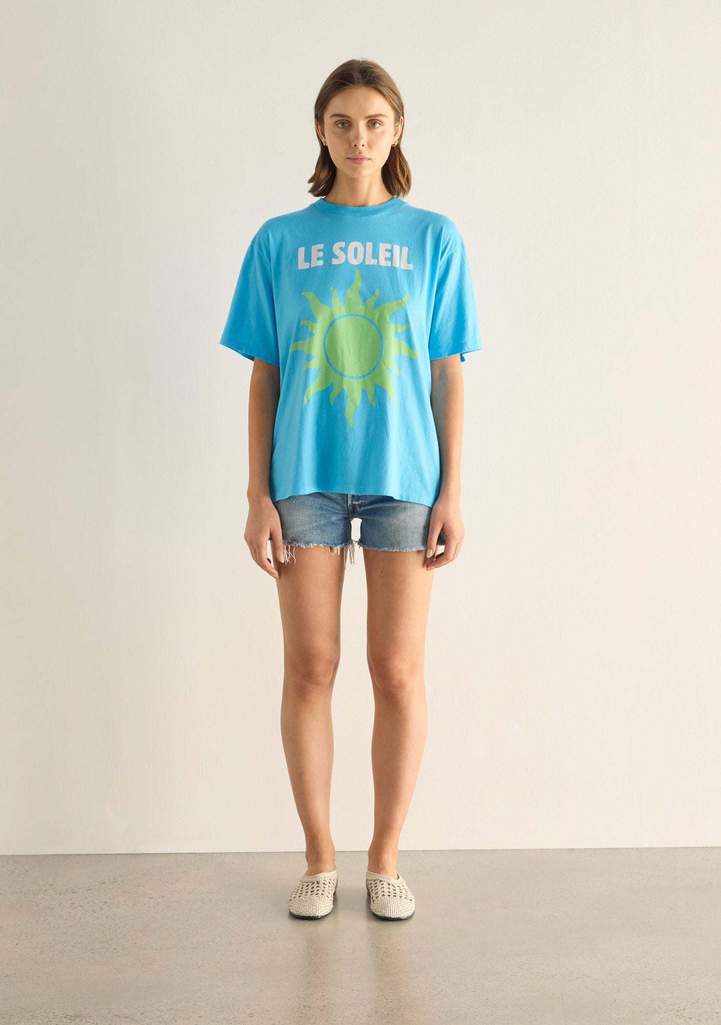 Image of a model wearing Tops. Productname: Auguste The Label Le Soleil Boyfriend Tee in Blue colour by brand - Auguste The Label