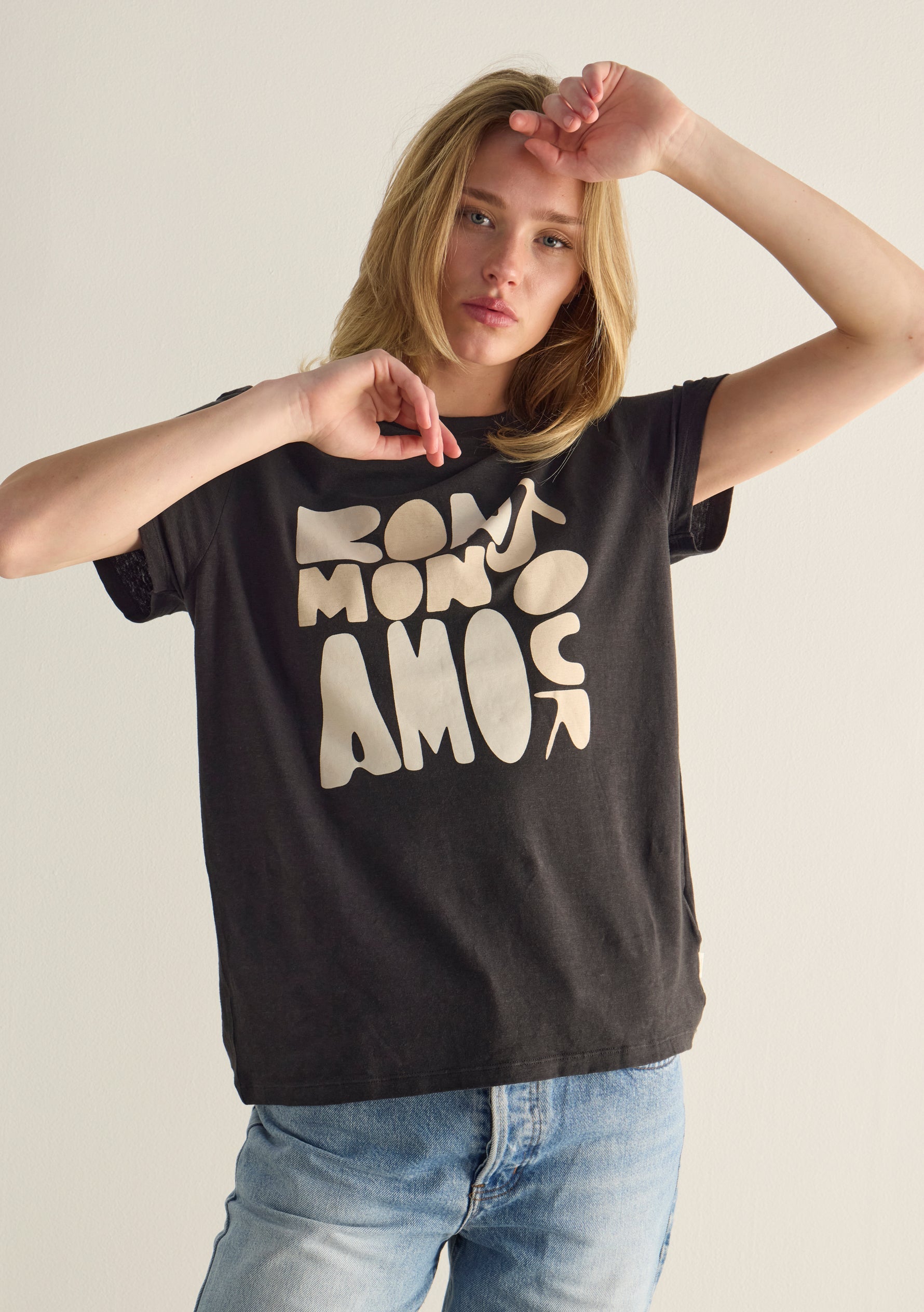 Image of a model wearing Tops. Productname: Auguste The Label Bonjour Classic Tee in Black colour by brand - Auguste The Label