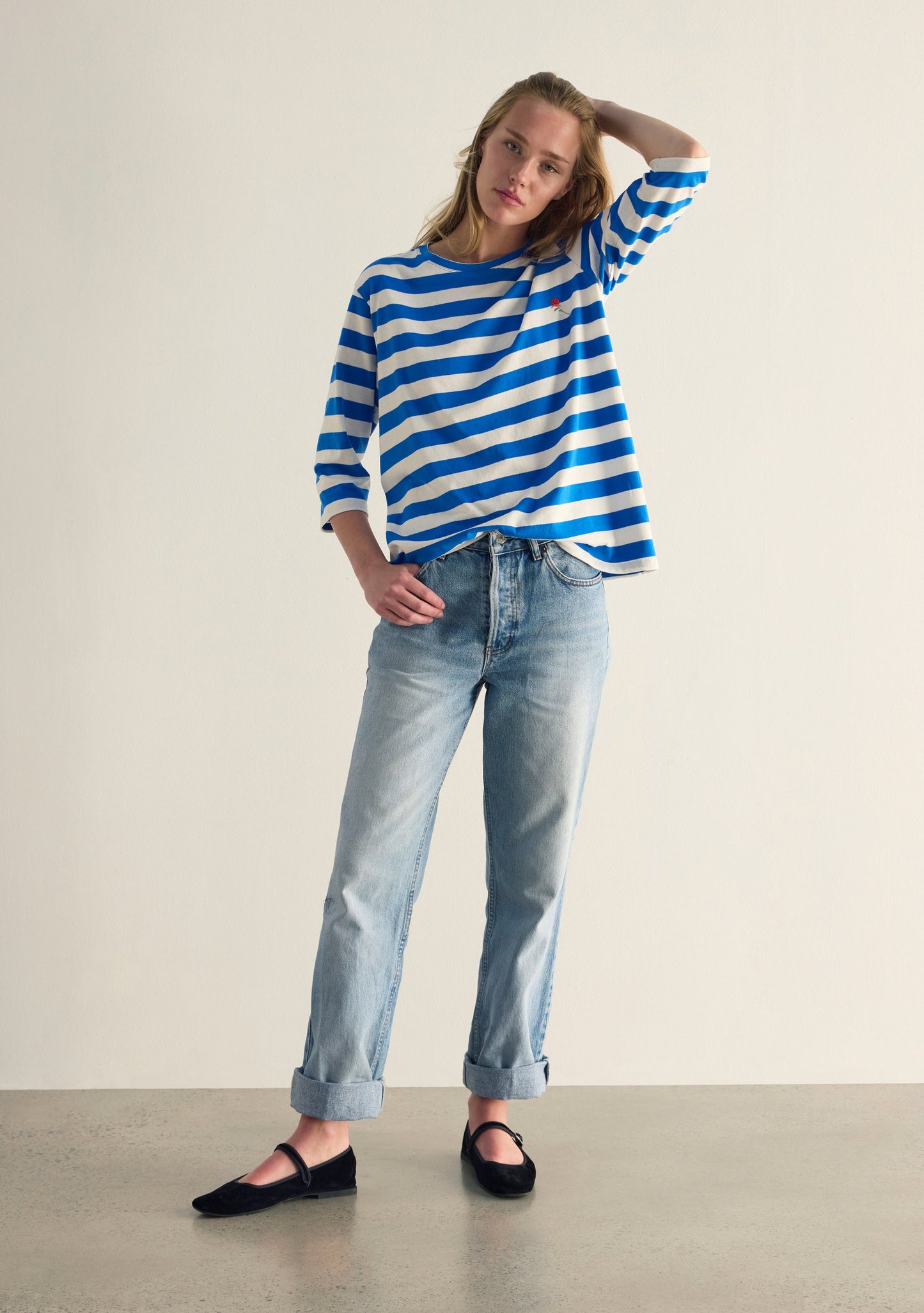 Image of a model wearing Tops. Productname: Auguste The Label Oliver 3/4 Sleeve Tee in Blue colour by brand - Auguste The Label