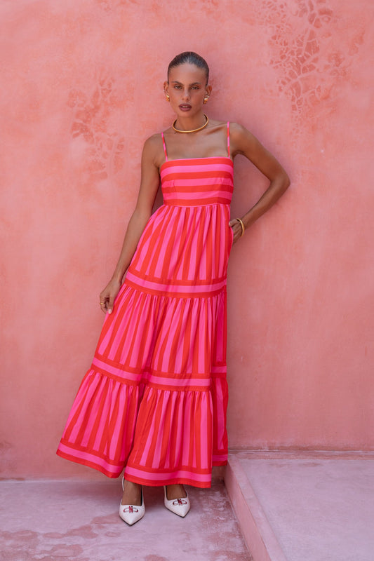 Image of Dresses. Productname: Heychic Pippa Pink Red Stripe Maxi Dress in Pink colour by brand - Heychic
