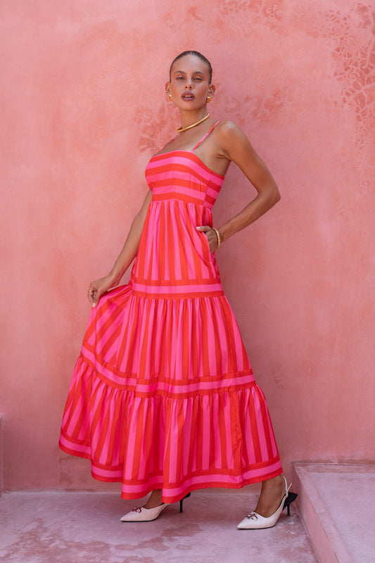 Heychic Pippa Red Stripe Maxi Dress (Pink)