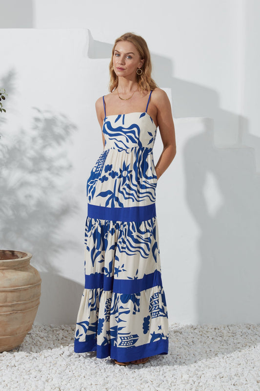 Image of Dresses. Productname: Heychic Cali Abstract Contrast Tiered Maxi Dress in Blue colour by brand - Heychic