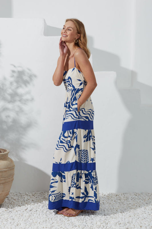 Heychic Cali Abstract Contrast Tiered Maxi Dress (Blue)