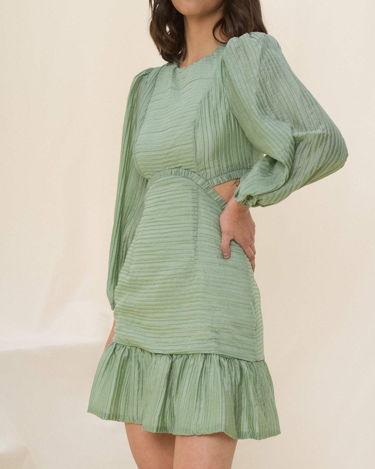 HEYCHIC Esper Sage Long Sleeve Cut Out Mini Dress (Green)