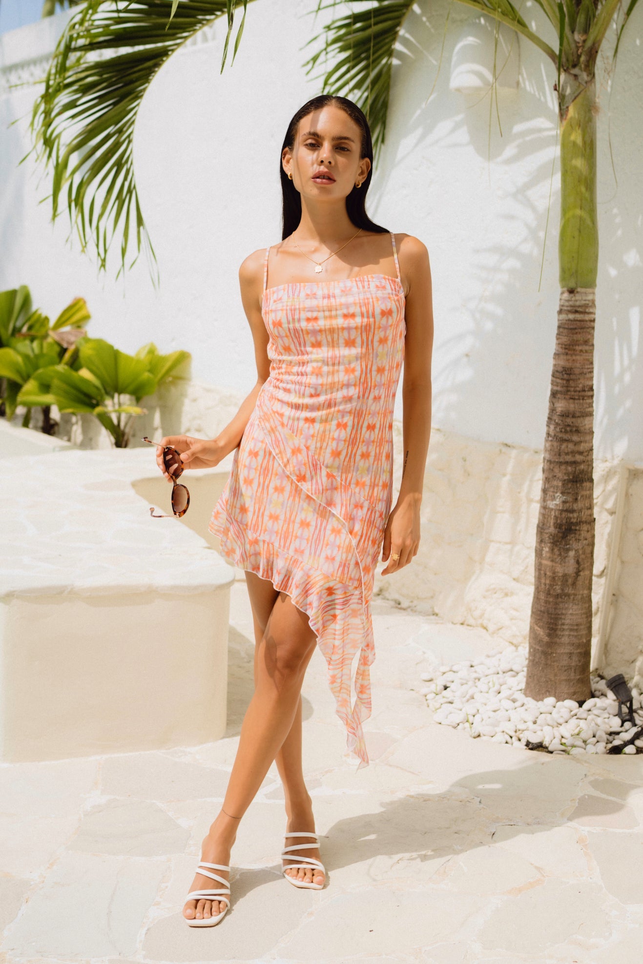 HEYCHIC Mia Abstract Cascading Frill Mini Dress (Orange)