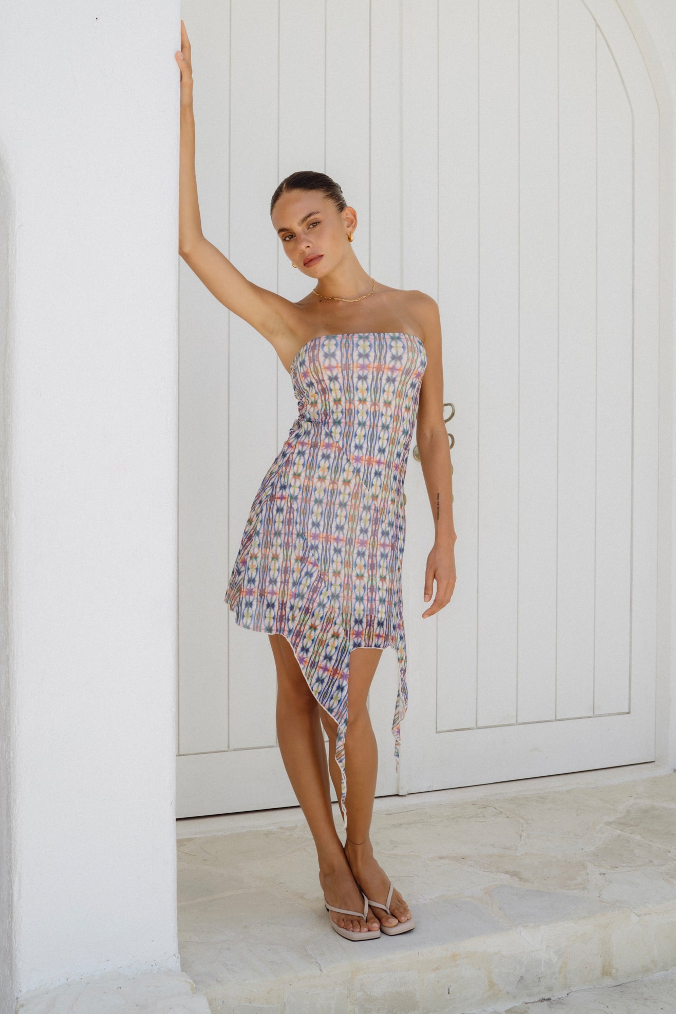 HEYCHIC Madi Abstract Strapless Cascading Frill Mini Dress (Blue)