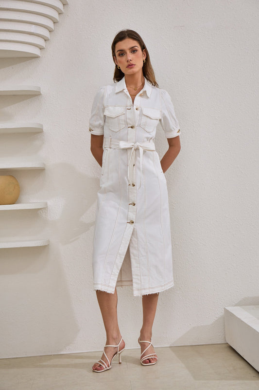Image of Dresses. Productname: Heychic Coco Button Down Belted Midi Dress in White colour by brand - Heychic