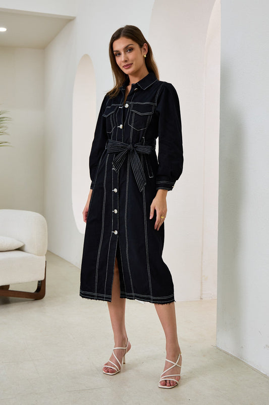 Heychic Cleo Button Down Belted Midi Dress (Black)