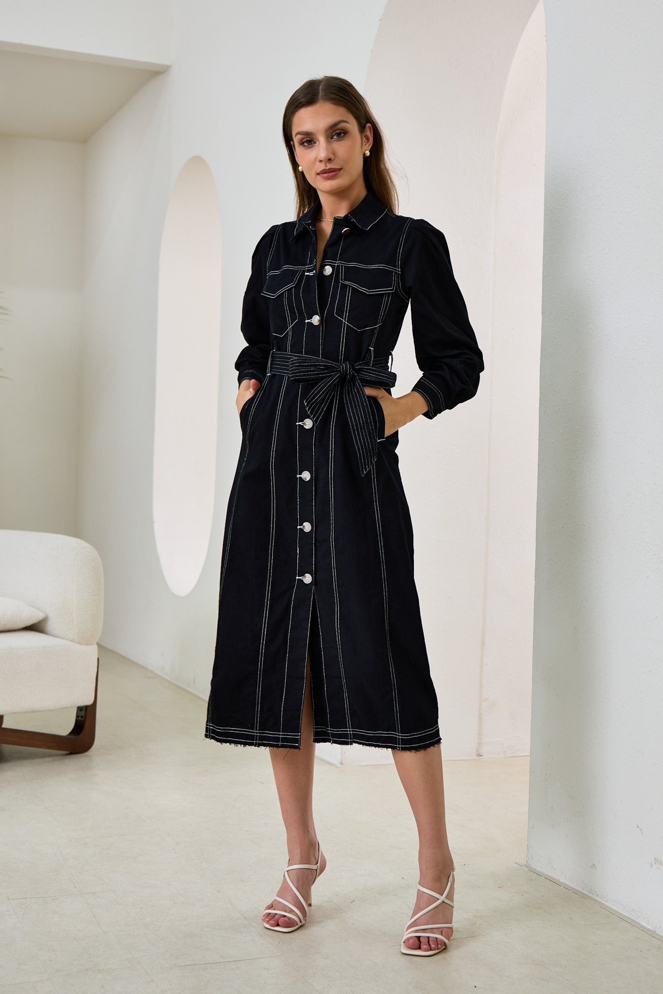 Image of Dresses. Productname: Heychic Cleo Button Down Belted Midi Dress in Black colour by brand - Heychic
