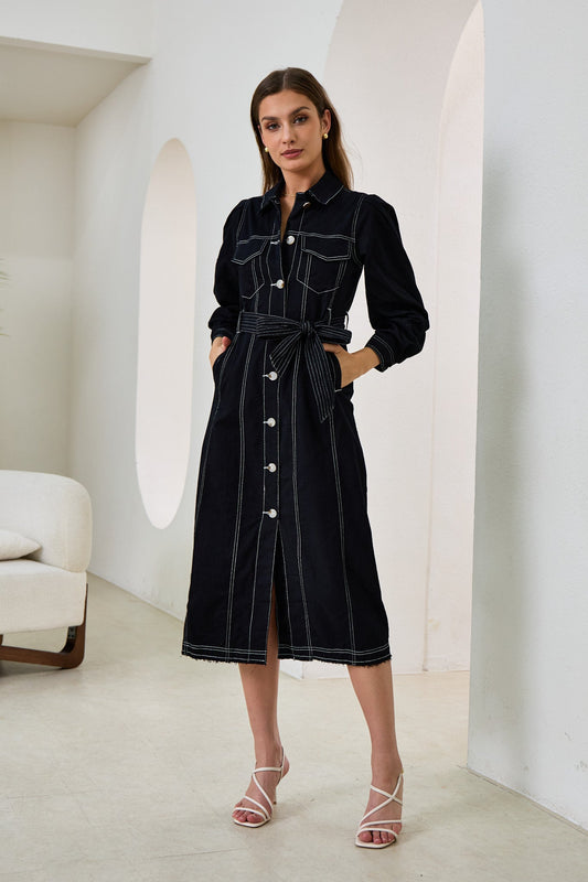 Image of Dresses. Productname: Heychic Cleo Button Down Belted Midi Dress in Black colour by brand - Heychic