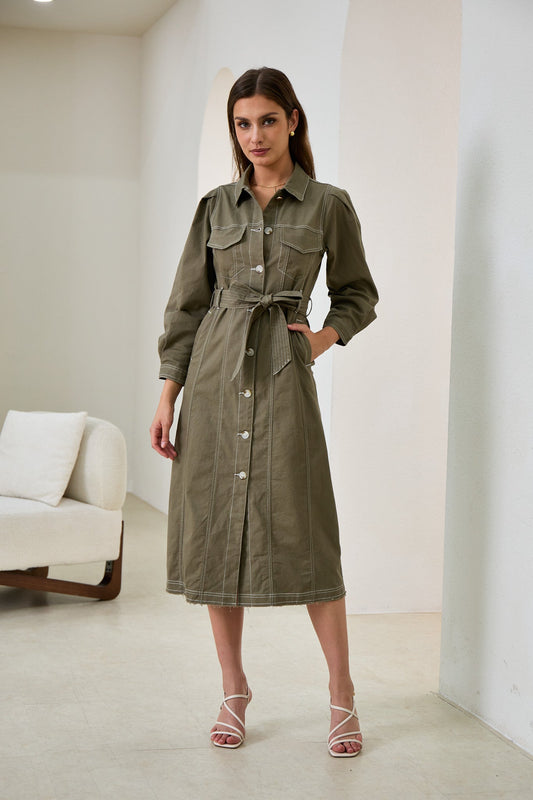 Image of Dresses. Productname: Cleo Khaki Green Button Down Belted Midi Dress in Green colour by brand - Heychic
