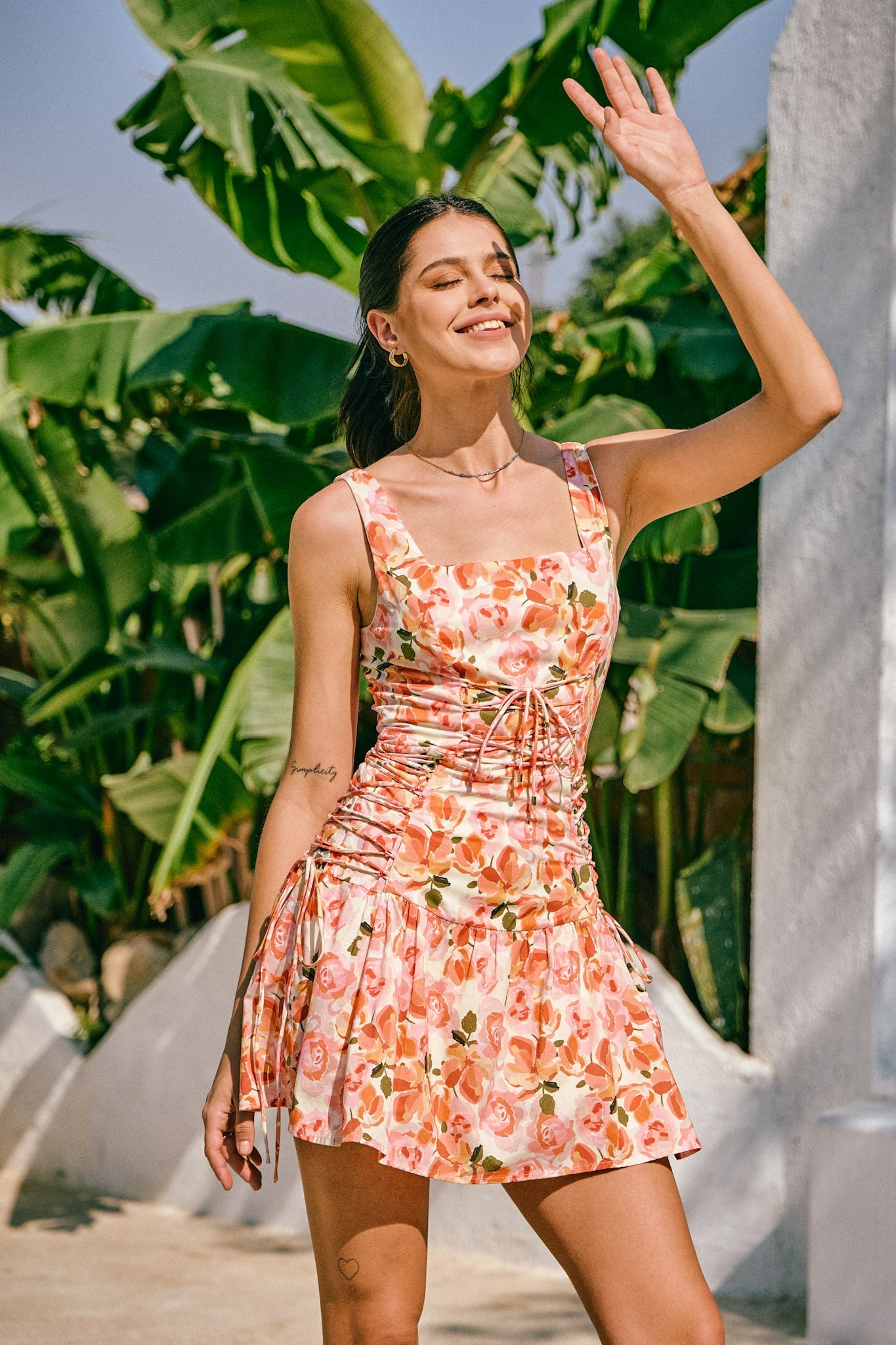 Heychic Primrose Pink Orange Tie Mini Dress (Floral)