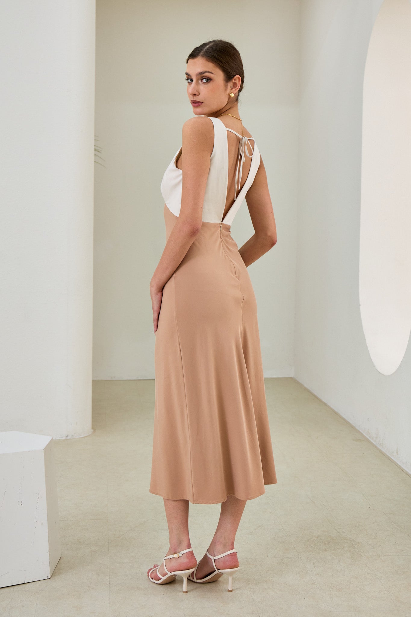 Heychic Aeisha Cupro Bias Midi Dress (Beige)