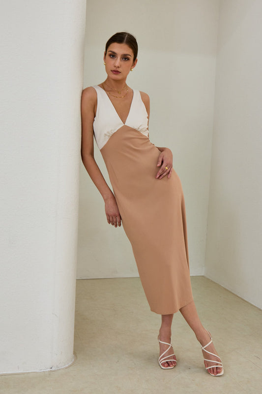 Image of Dresses. Productname: Heychic Aeisha Cupro Bias Midi Dress in Beige colour by brand - Heychic