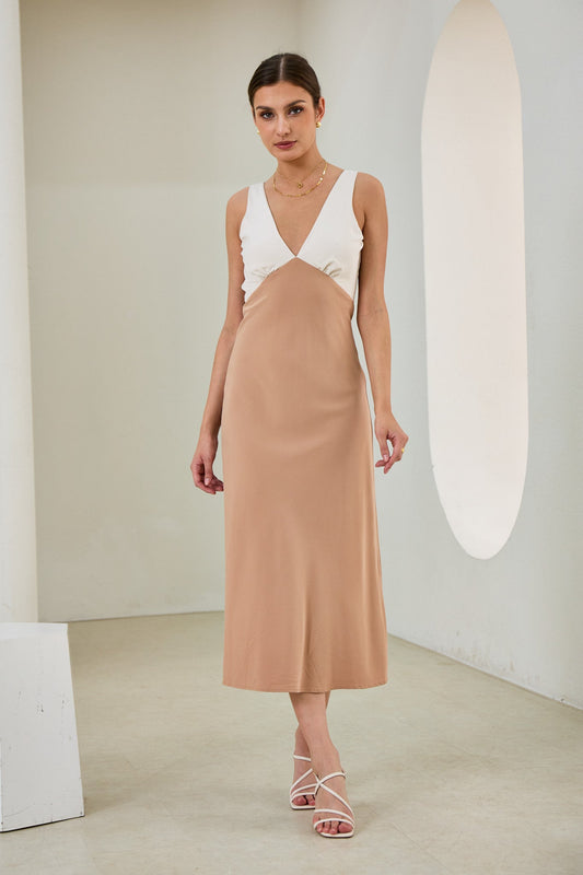 Heychic Aeisha Cupro Bias Midi Dress (Beige)
