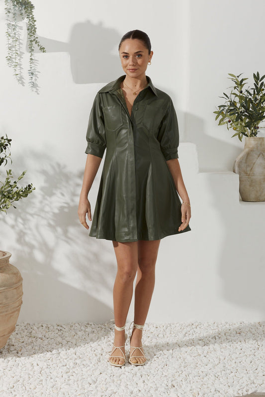 Image of Dresses. Productname: Aida Khaki Green Faux Leather PU Mini Dress in Green colour by brand - Heychic