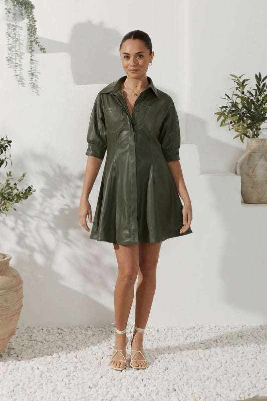 Image of Dresses. Product name - Aida Khaki Green Faux Leather PU Mini Dress in Green colour by brand - Heychic