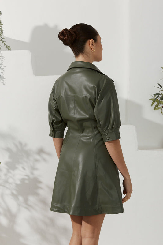 Heychic Aida Khaki Faux Leather PU Mini Dress (Green)