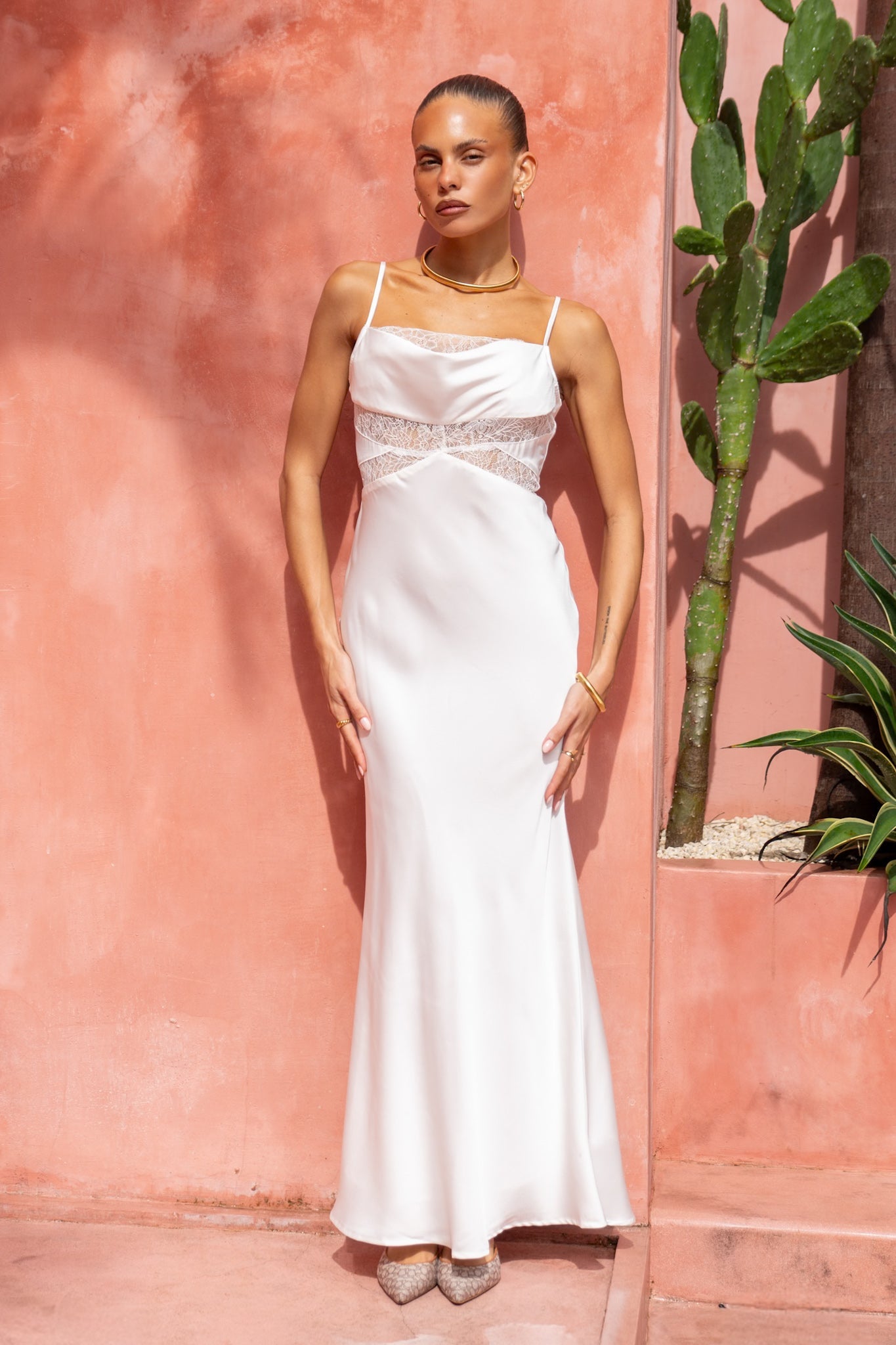 Heychic Lyna Satin Cowl Neck Maxi Dress (White)