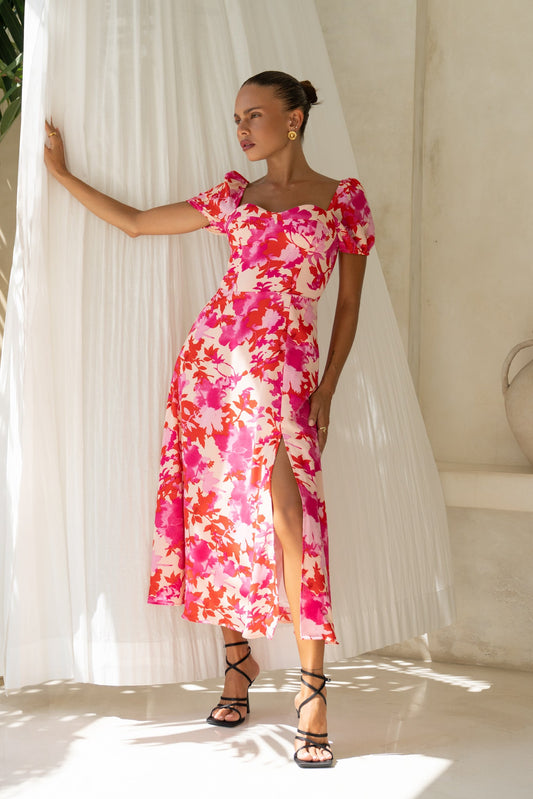 Image of Dresses. Productname: Mabel Pink Red Floral Sweetheart Midi Dress in Floral colour by brand - Heychic