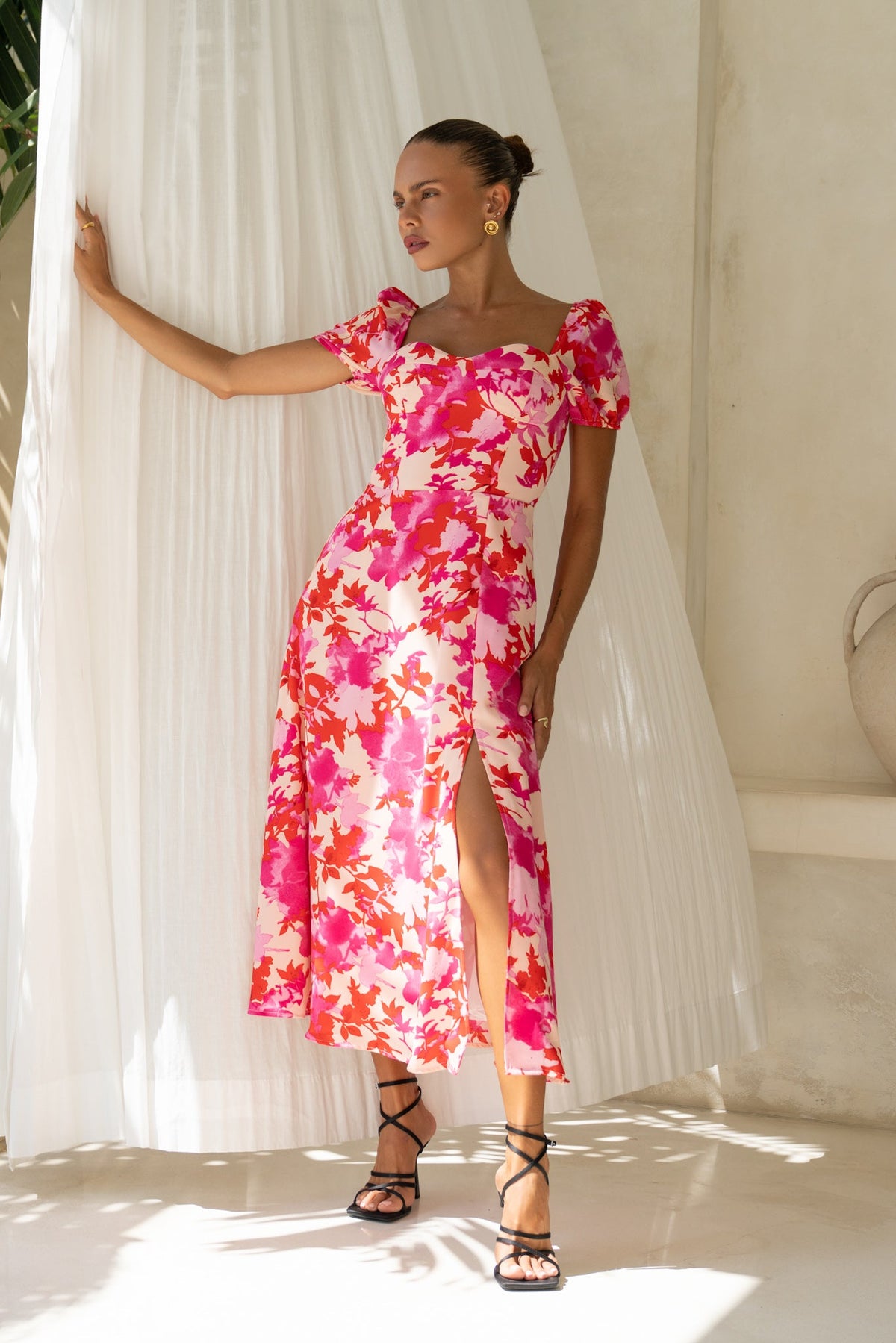 Image of Dresses. Product name - Mabel Pink Red Floral Sweetheart Midi Dress in Floral colour by brand - Heychic