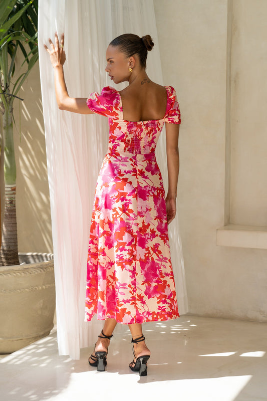 Heychic Mabel Red Floral Sweetheart Midi Dress (Pink)