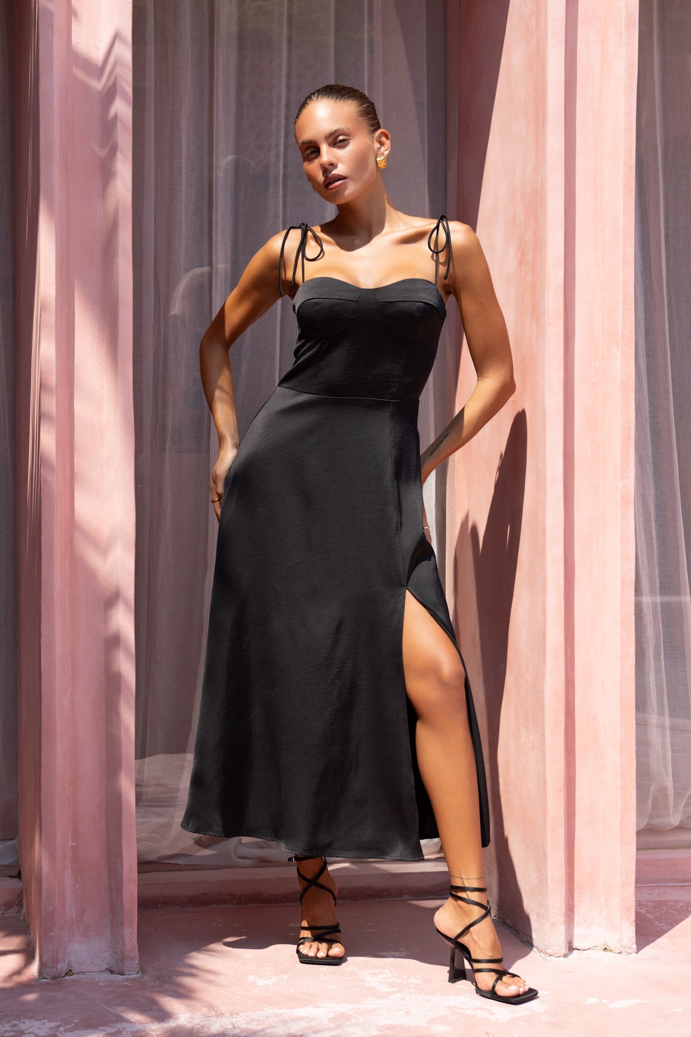 Image of Dresses. Productname: Heychic Livy Black Satin Midi Dress in Black colour by brand - Heychic