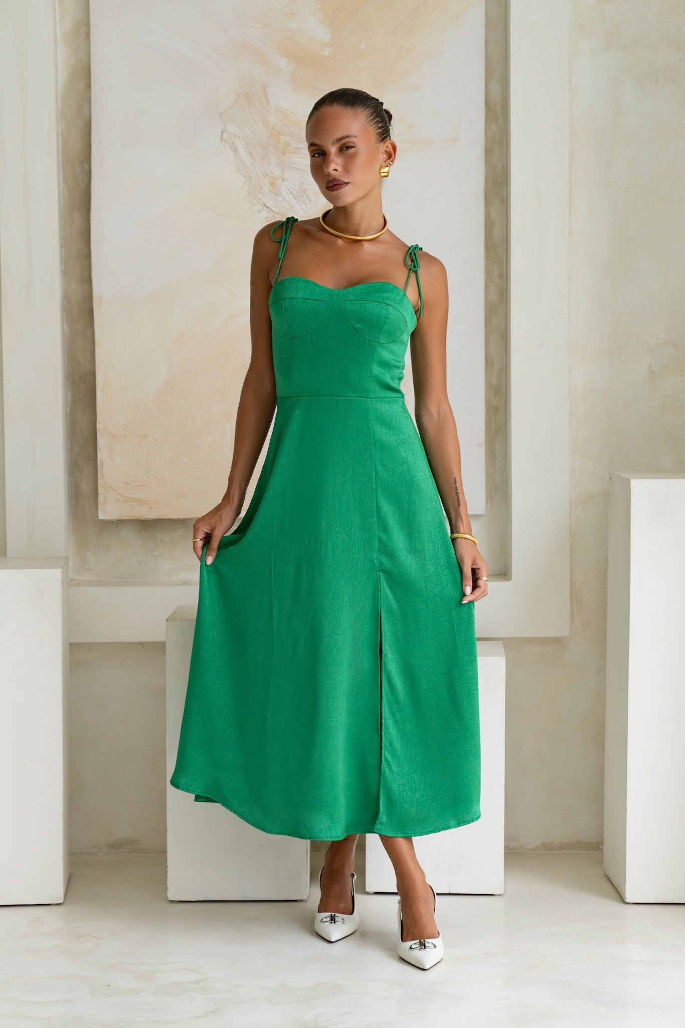 Heychic Livy Satin Midi Dress (Green)