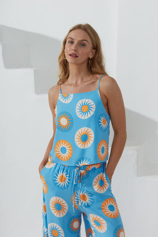 Image of a model wearing Tops. Productname: Heychic Serin Abstract Sun Cami Top in Blue colour by brand - Heychic