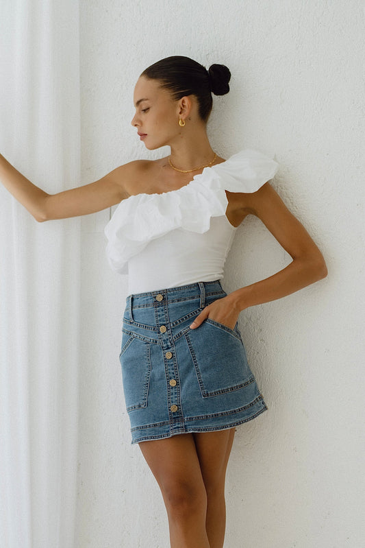 Image of a model wearing Tops. Productname: Heychic Adriana One Shoulder Ruffle Bodysuit in White colour by brand - Heychic