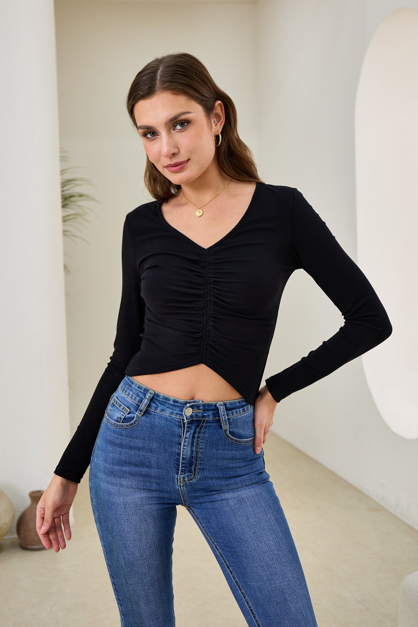 Heychic Jace Ruched Long Sleeve Crop Top (Black)