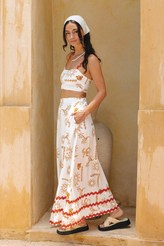 Heychic Solara Orange Tropical Ric Rac Maxi Skirt (White)