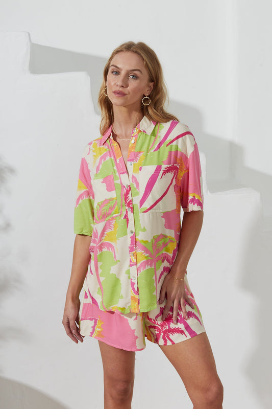 Image of a model wearing Tops. Productname: Heychic Paradisio Tropical Shirt in Pink colour by brand - Heychic