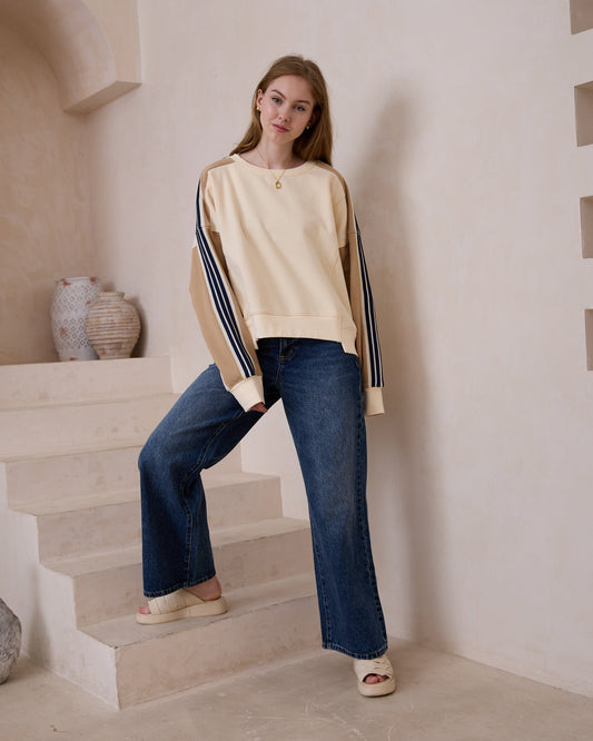 Heychic Alex Beige Contrast Stripe Sweatshirt (Cream)