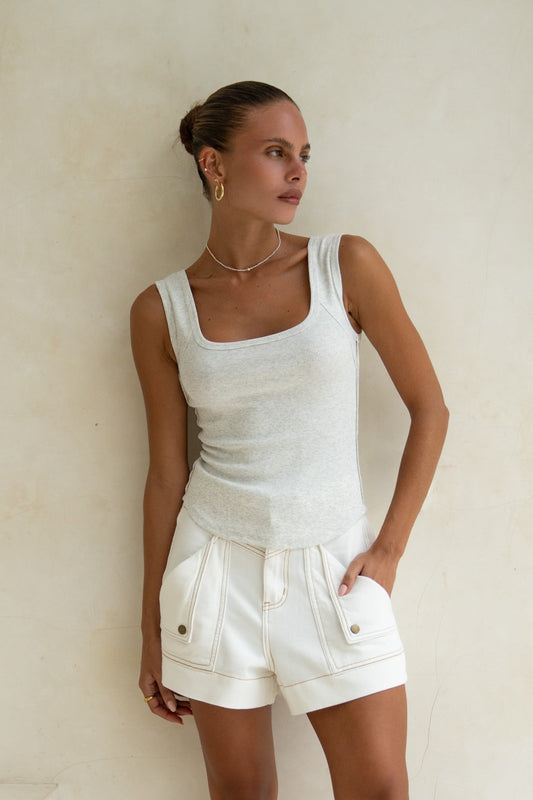 Image of a model wearing Tops. Productname: Heychic Ainsley Ribbed Tank Top in Grey colour by brand - Heychic