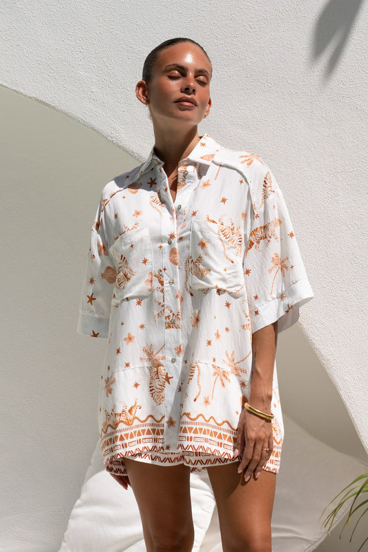 Image of a model wearing Tops. Productname: Heychic Ailani Brown Tropical Pocket Shirt in Brown colour by brand - Heychic