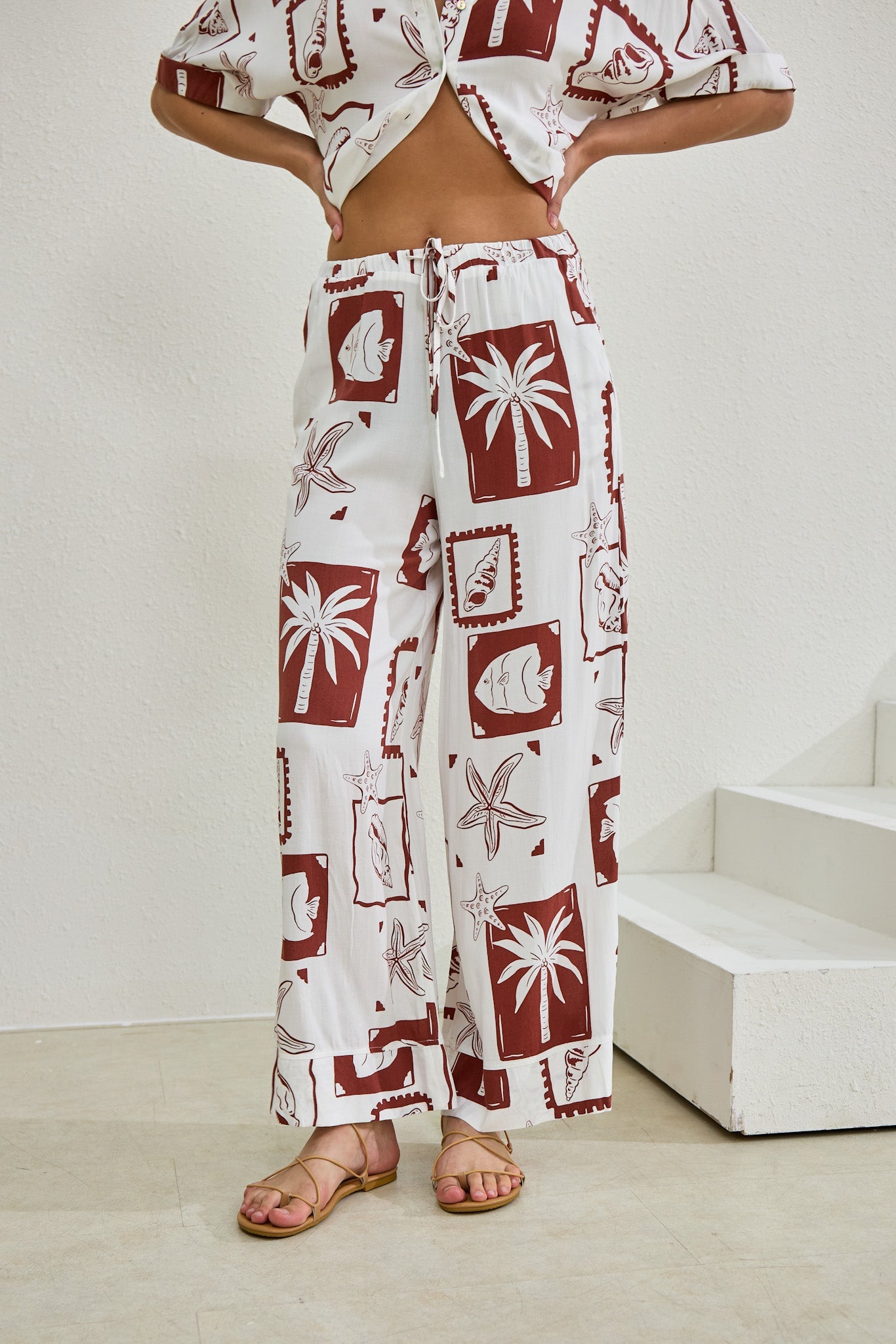 Heychic Mira Sea Shells Tropical Wide Leg Pants (Brown)