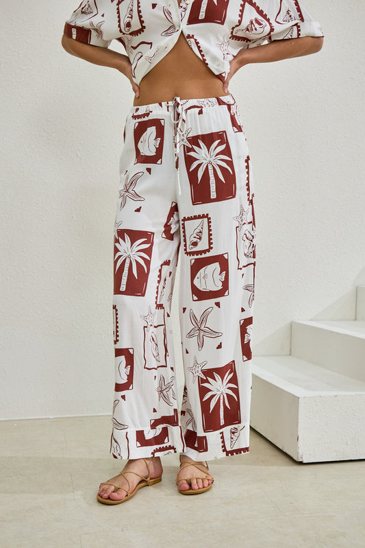 Heychic Mira Sea Shells Tropical Wide Leg Pants (Brown)