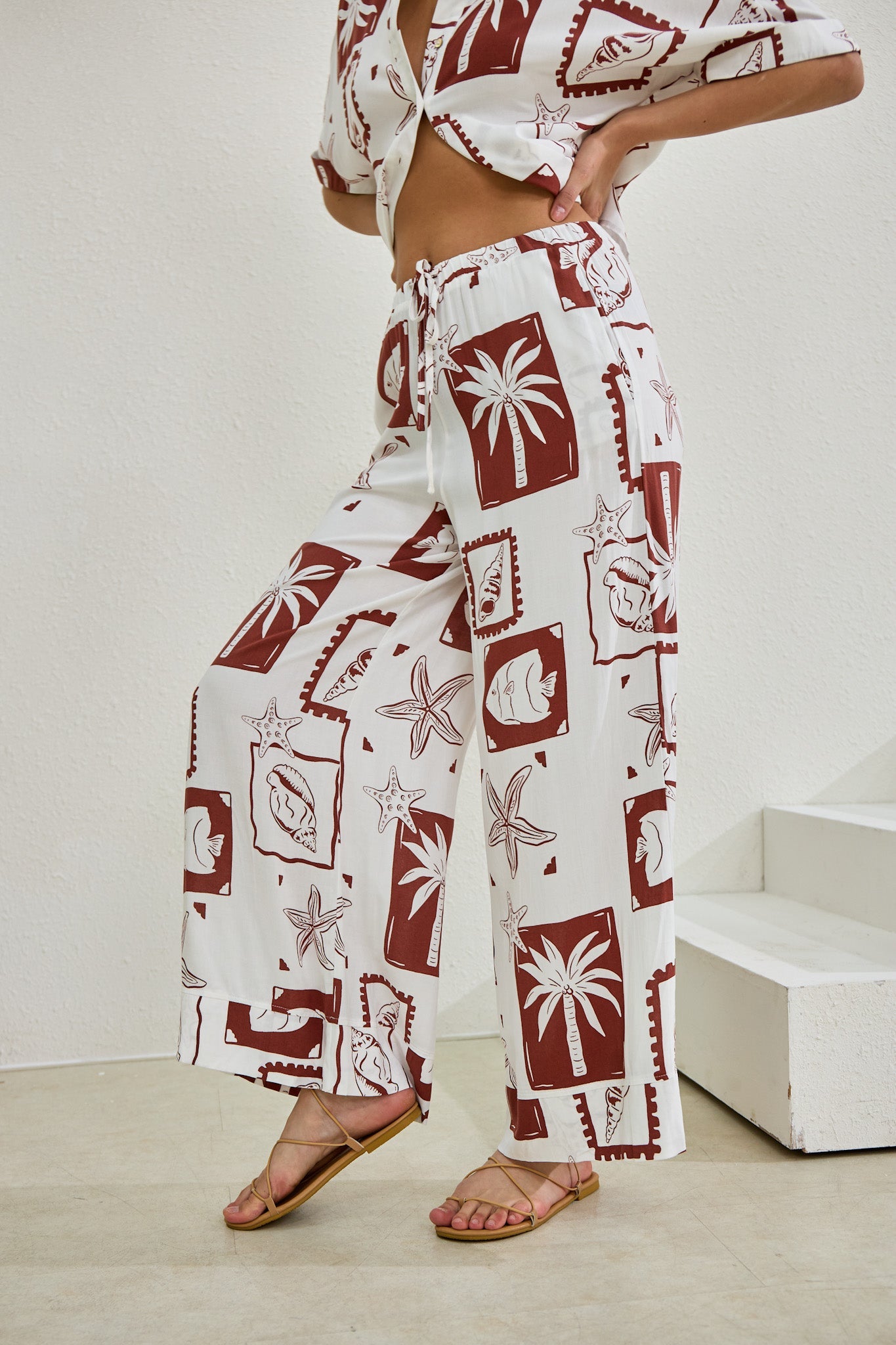 Heychic Mira Sea Shells Tropical Wide Leg Pants (Brown)