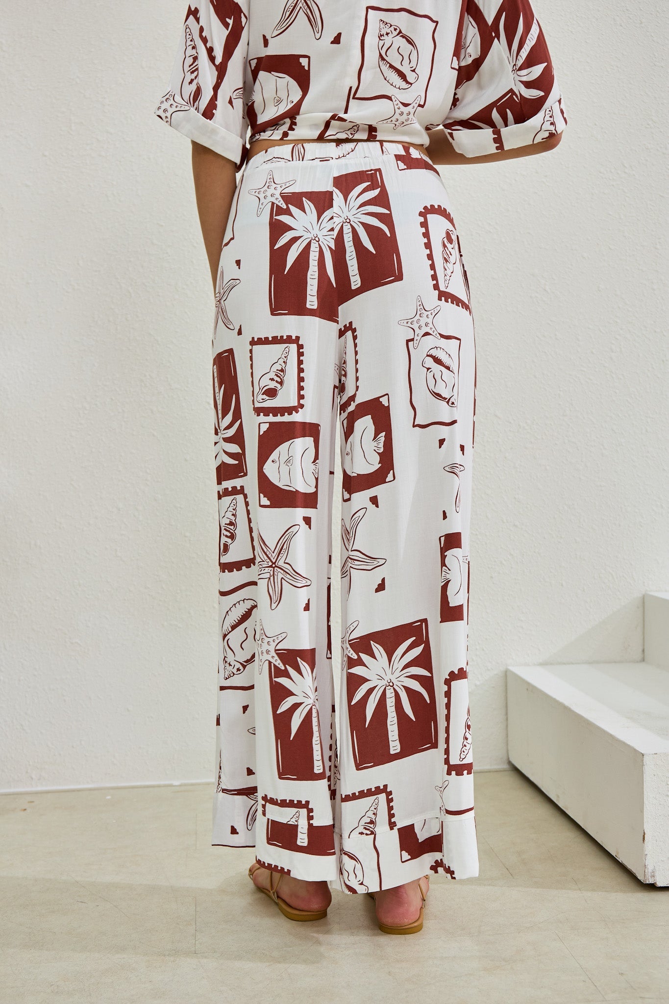Heychic Mira Sea Shells Tropical Wide Leg Pants (Brown)