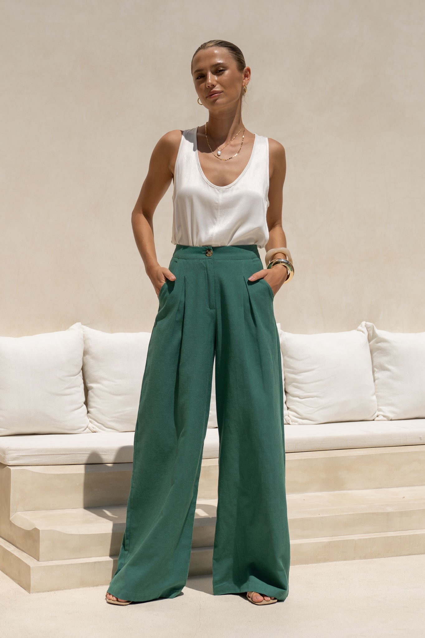 Image of a model wearing Shorts. Productname: Heychic Maggie Forest Green Wide Leg Pants in Green colour by brand - Heychic