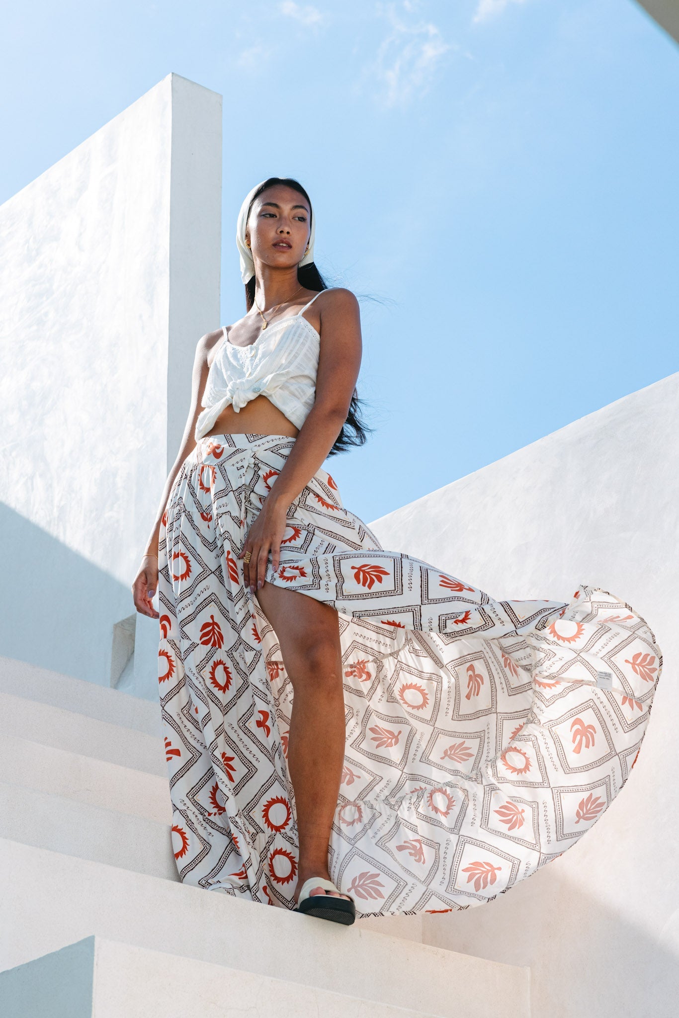 Heychic Savita Rust Tropical Tiered Maxi Skirt (Beige)