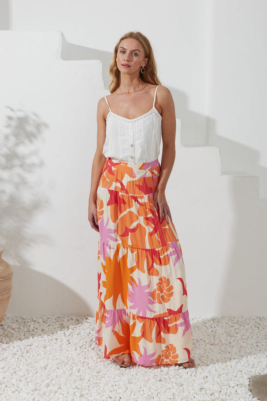 Image of a model wearing Pants. Productname: Heychic Calinda Abstract Tiered Maxi Skirt in Orange colour by brand - Heychic