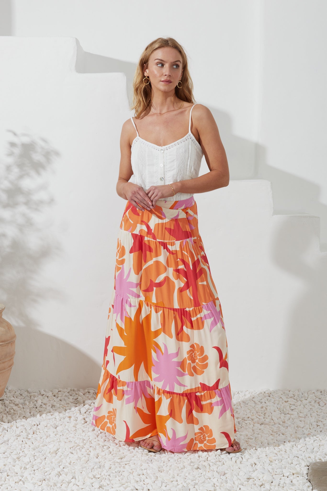 Heychic Calinda Abstract Tiered Maxi Skirt (Orange)