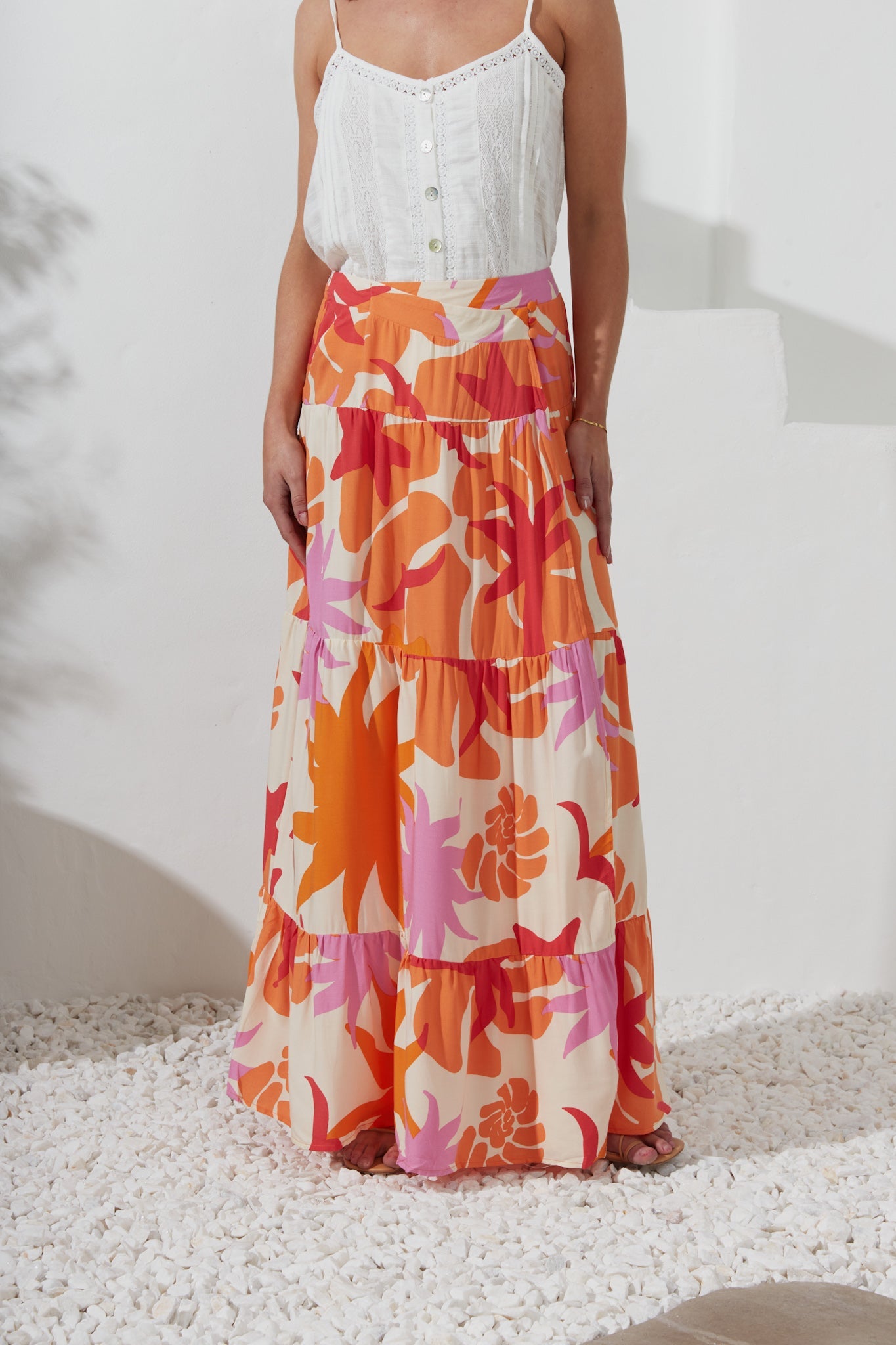Heychic Calinda Abstract Tiered Maxi Skirt (Orange)